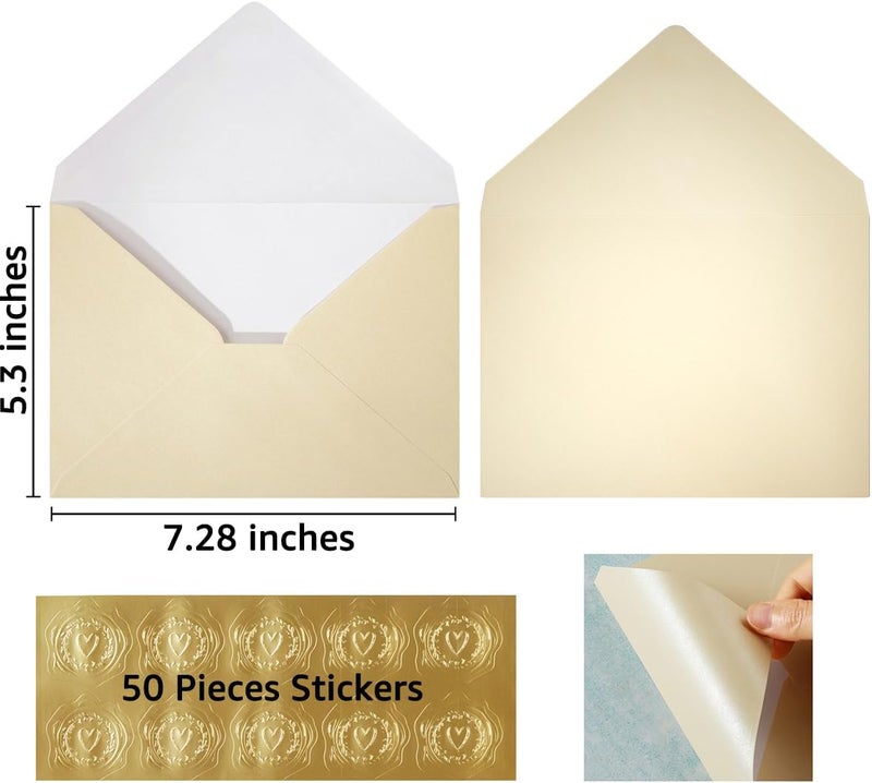 Homtable 50 Pieces Shiny Envelopes with Gold Stickers for Wedding Invitation Cards, Graduation, Baby Shower, Greeting Cards (Cream Color, A7, 5x7) - Image 2